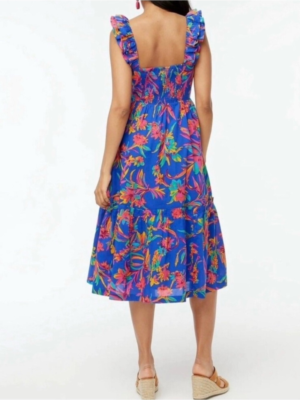 J. CREW | Blue Floral Print Ruffle Strap Cotton Midi Dress Sz. 6 Boho - Picture 6 of 6